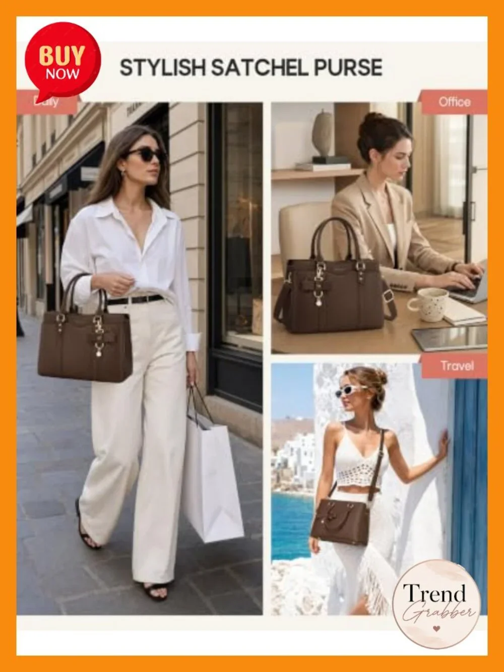 PU Leather Satchel Handbag for Women Multi-Pocket Fits iPad Crossbody 3-in-1